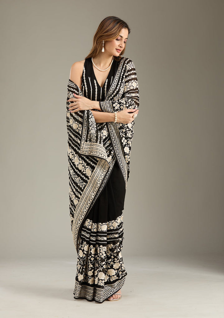 Black Threadwork Georgette Saree-Koskii