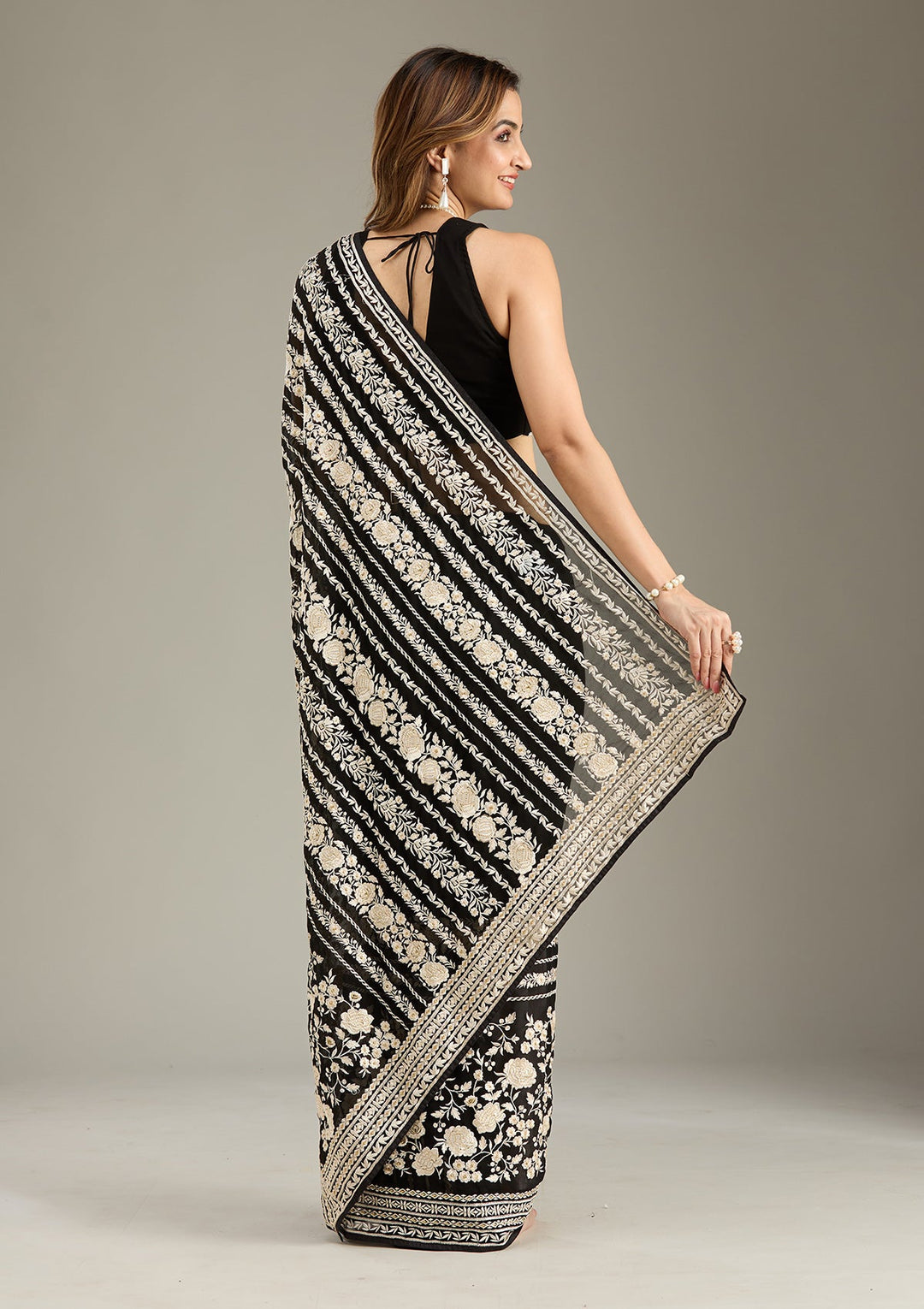 Black Threadwork Georgette Saree-Koskii