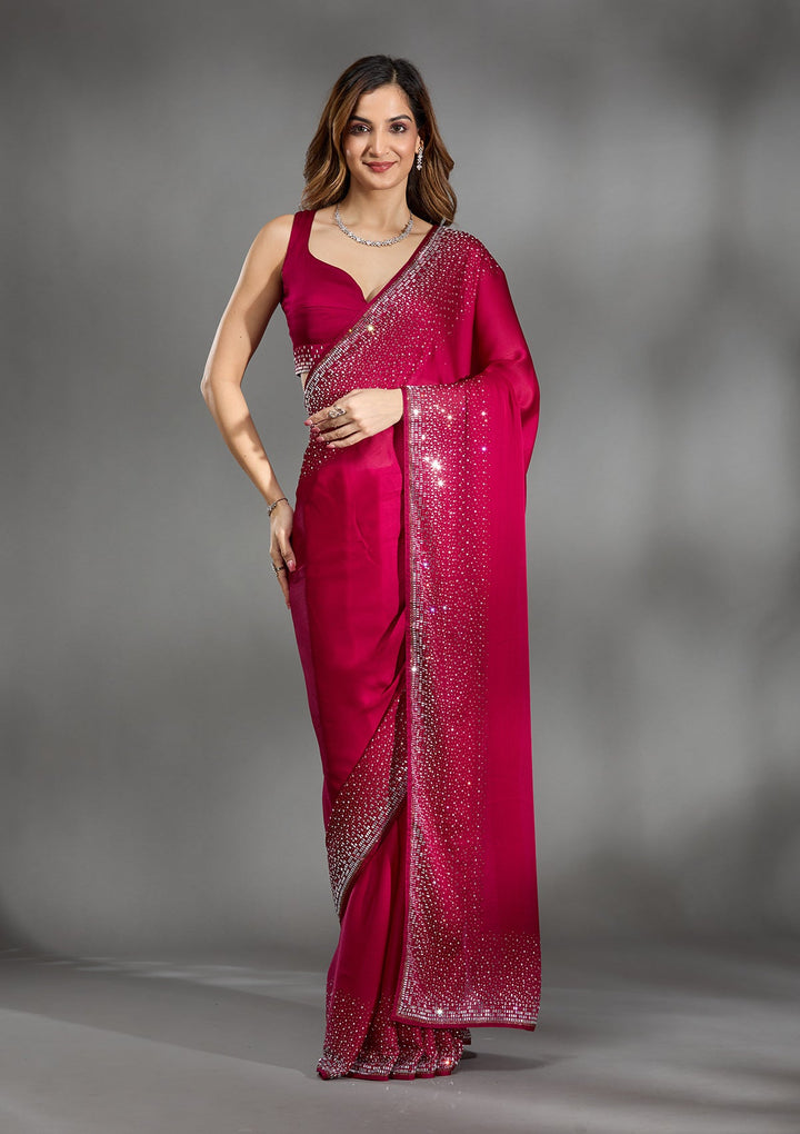 Rani Pink Stonework Chiffon Saree-Koskii