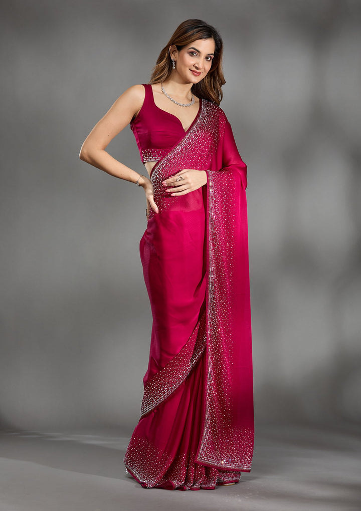 Rani Pink Stonework Chiffon Saree-Koskii