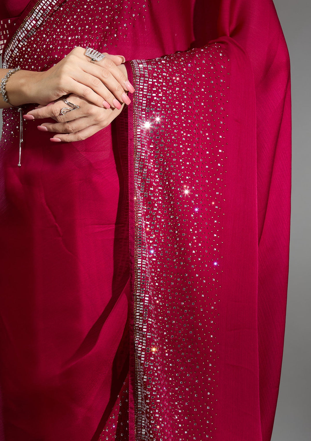 Rani Pink Stonework Chiffon Saree-Koskii