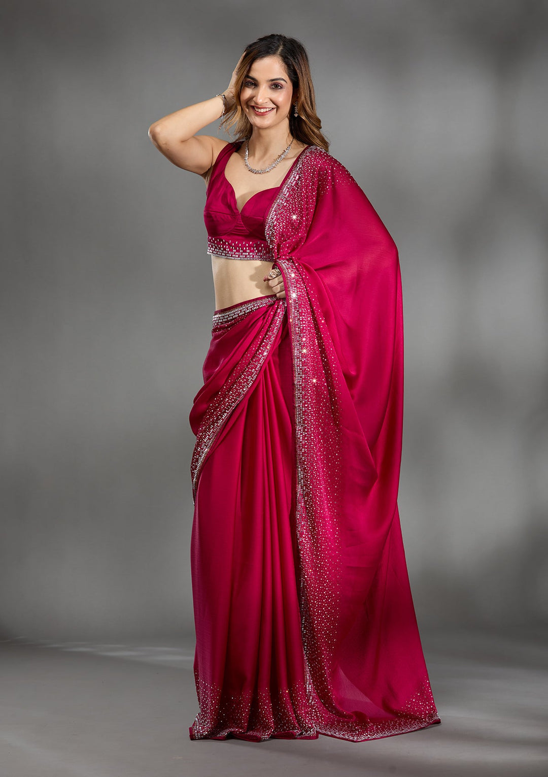 Rani Pink Stonework Chiffon Saree-Koskii