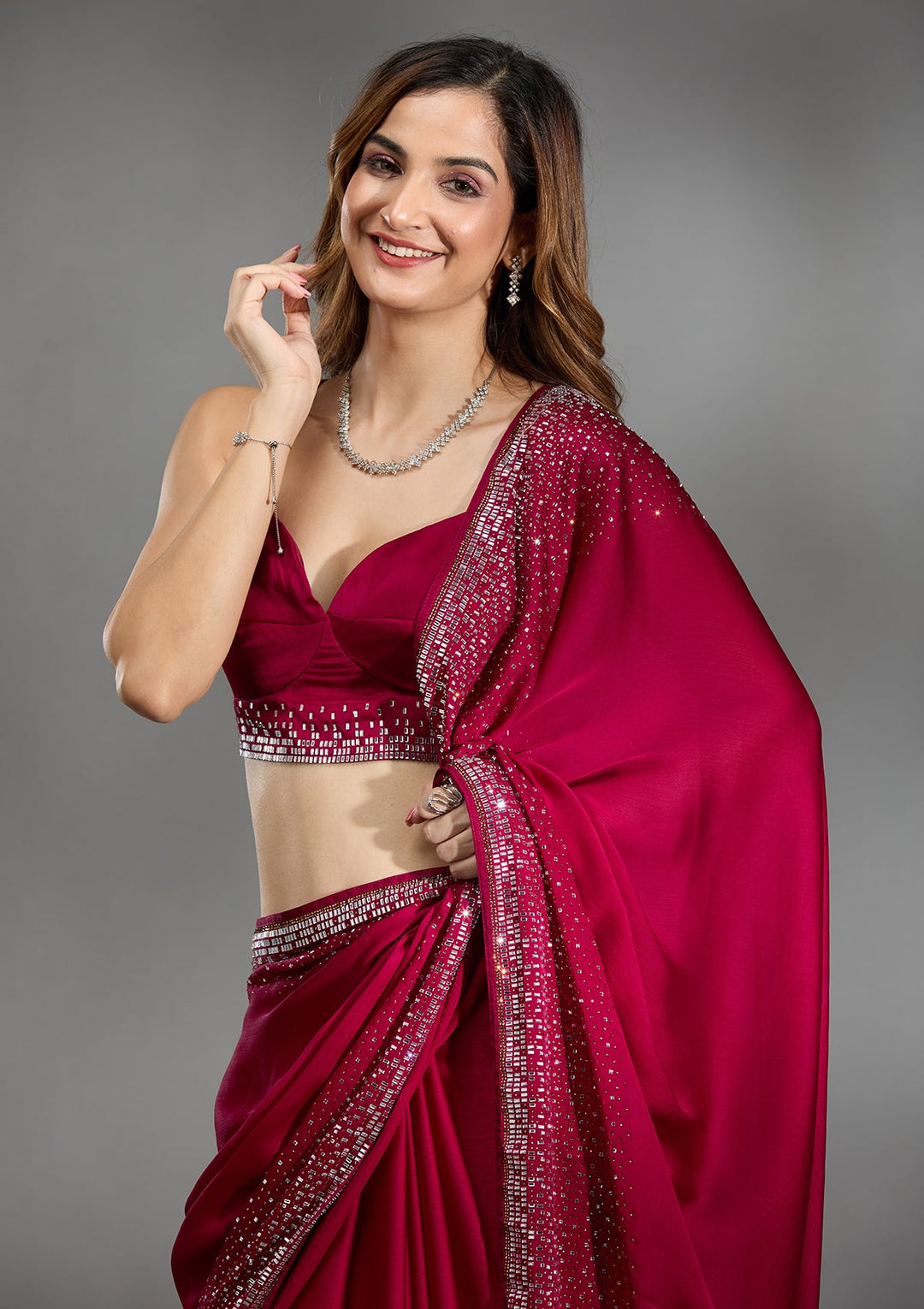 Rani Pink Stonework Chiffon Saree-Koskii