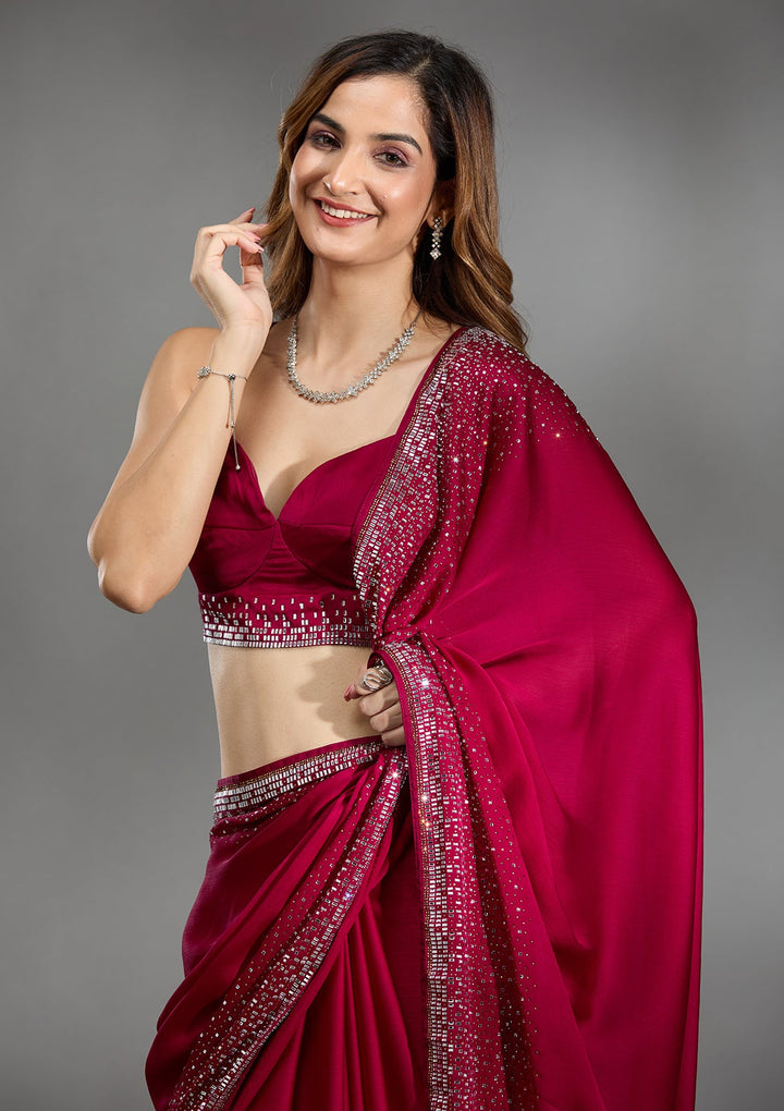 Rani Pink Stonework Chiffon Saree-Koskii