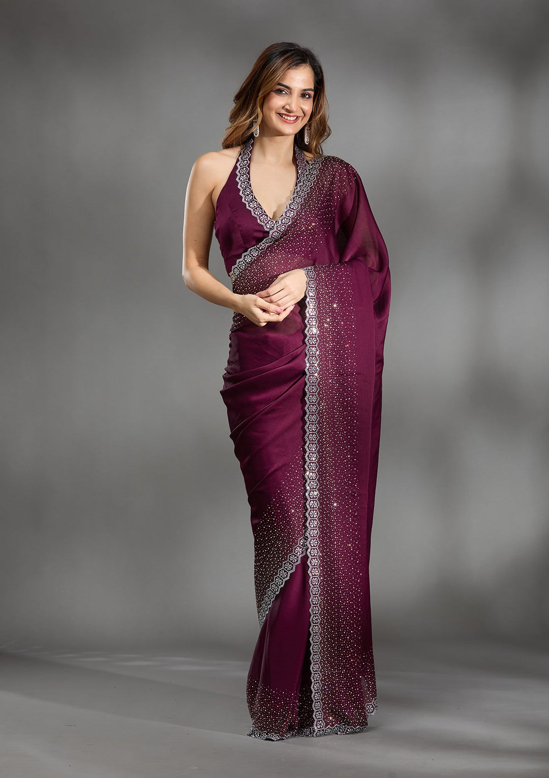 Wine Stonework Chiffon Saree-Koskii