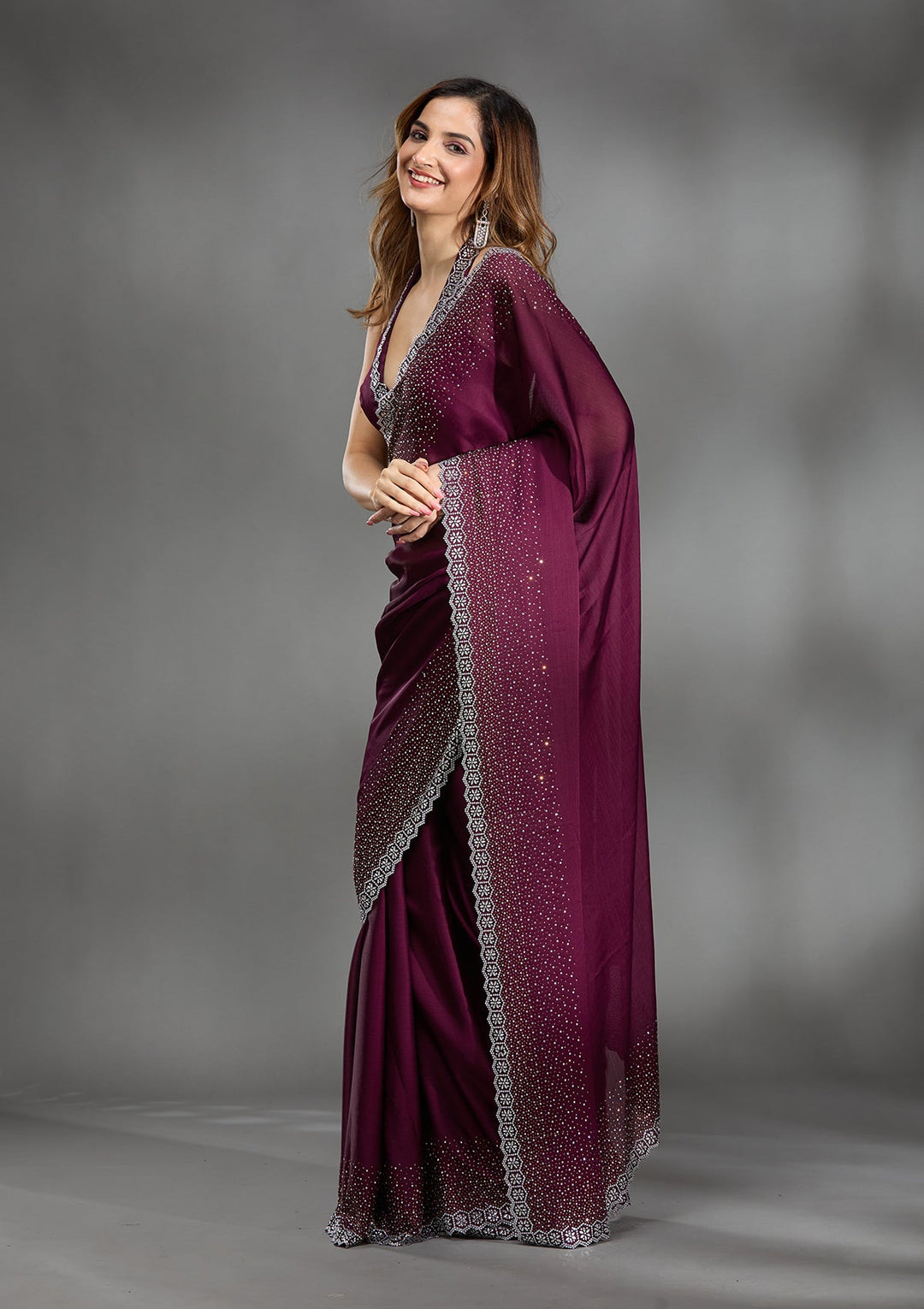 Wine Stonework Chiffon Saree-Koskii