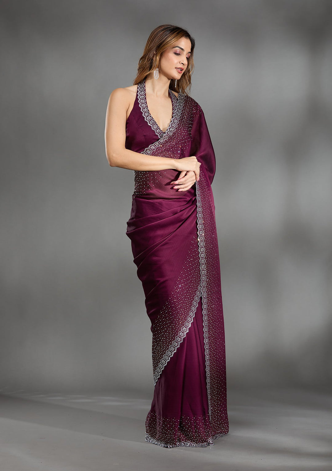 Wine Stonework Chiffon Saree-Koskii