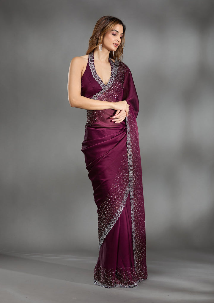 Wine Stonework Chiffon Saree-Koskii