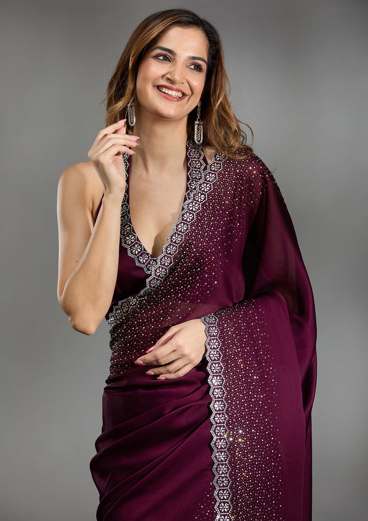 Wine Stonework Chiffon Saree-Koskii