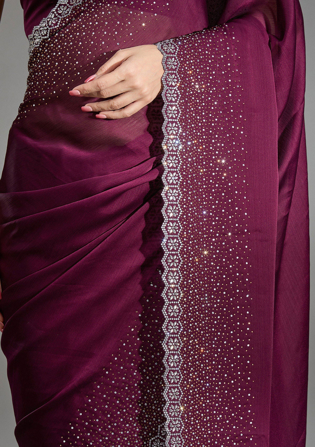 Wine Stonework Chiffon Saree-Koskii