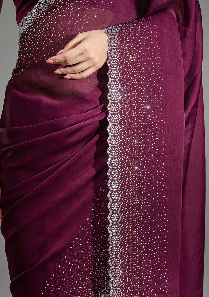 Wine Stonework Chiffon Saree-Koskii