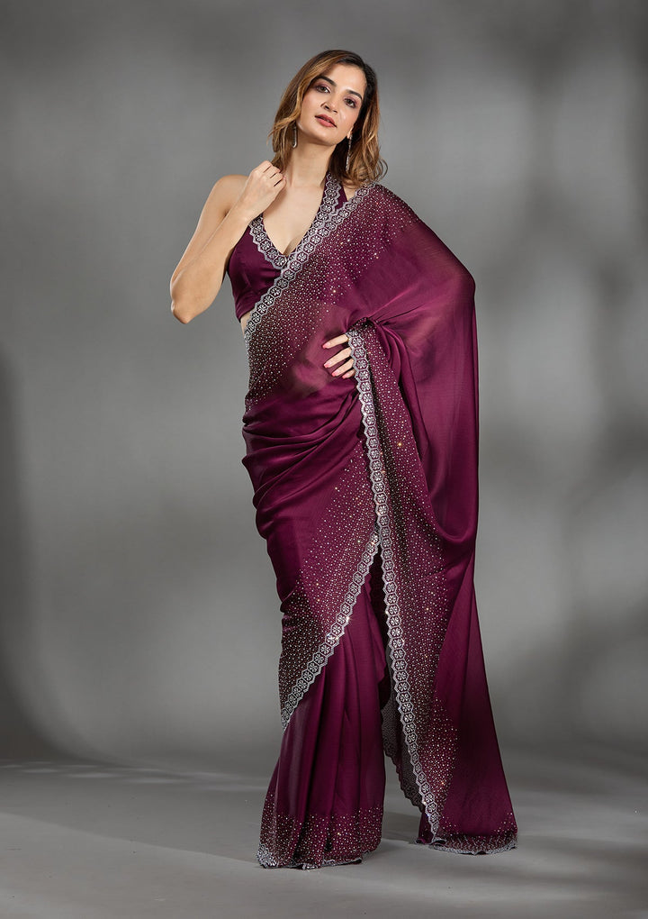 Wine Stonework Chiffon Saree-Koskii