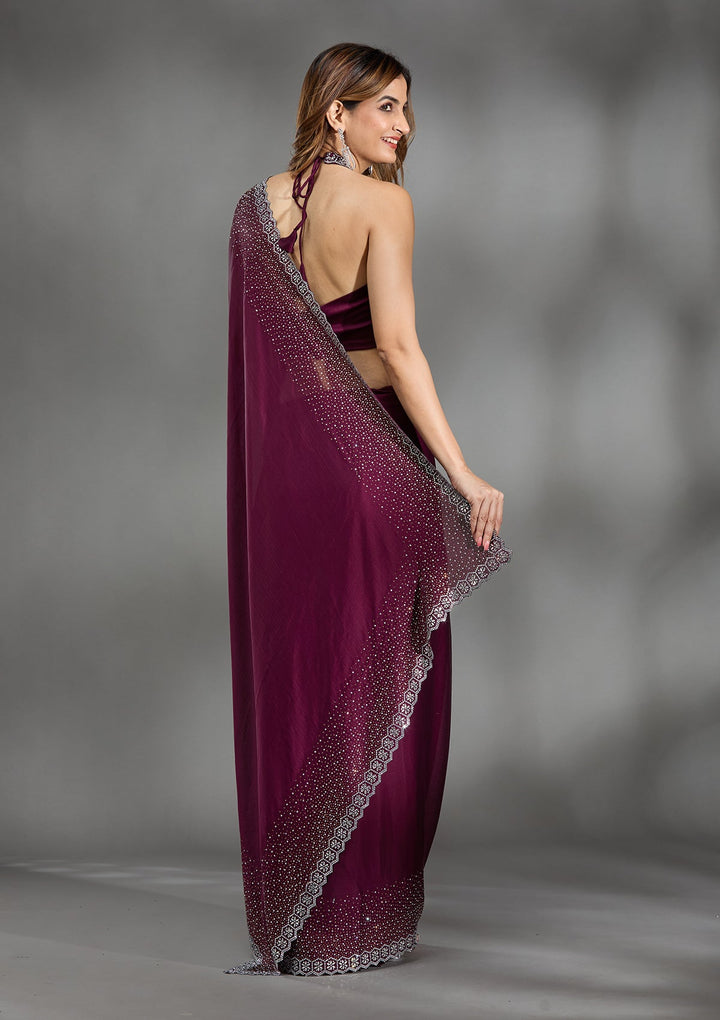 Wine Stonework Chiffon Saree-Koskii