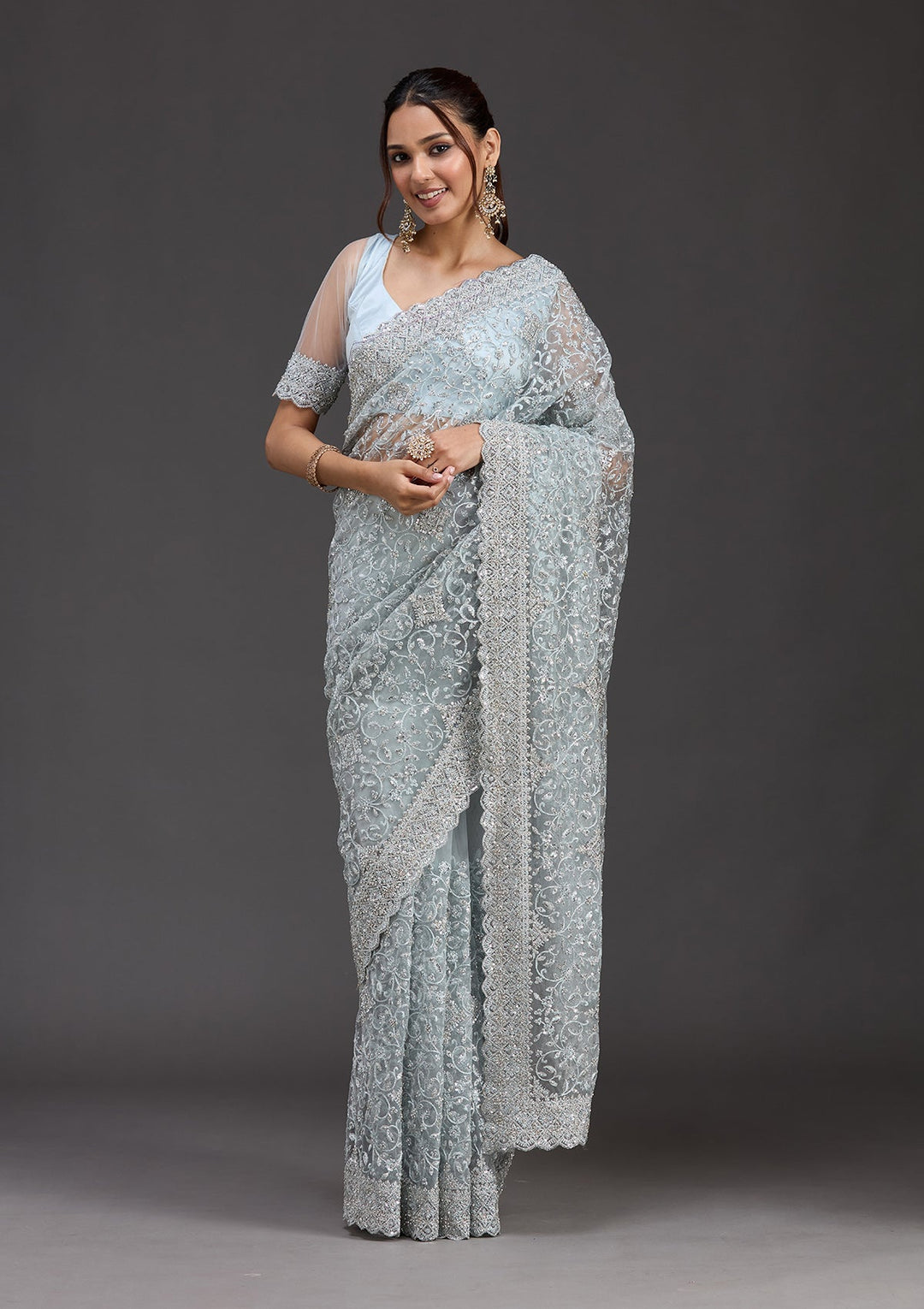 Sky Blue Stonework Chiffon Saree_koskii