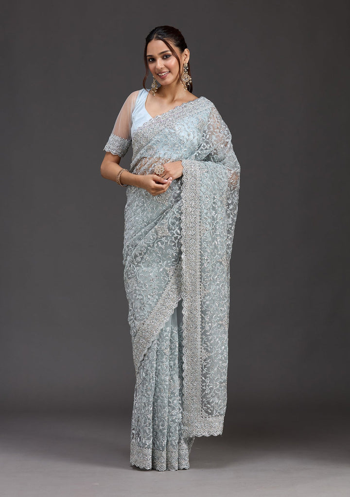 Sky Blue Stonework Chiffon Saree_koskii