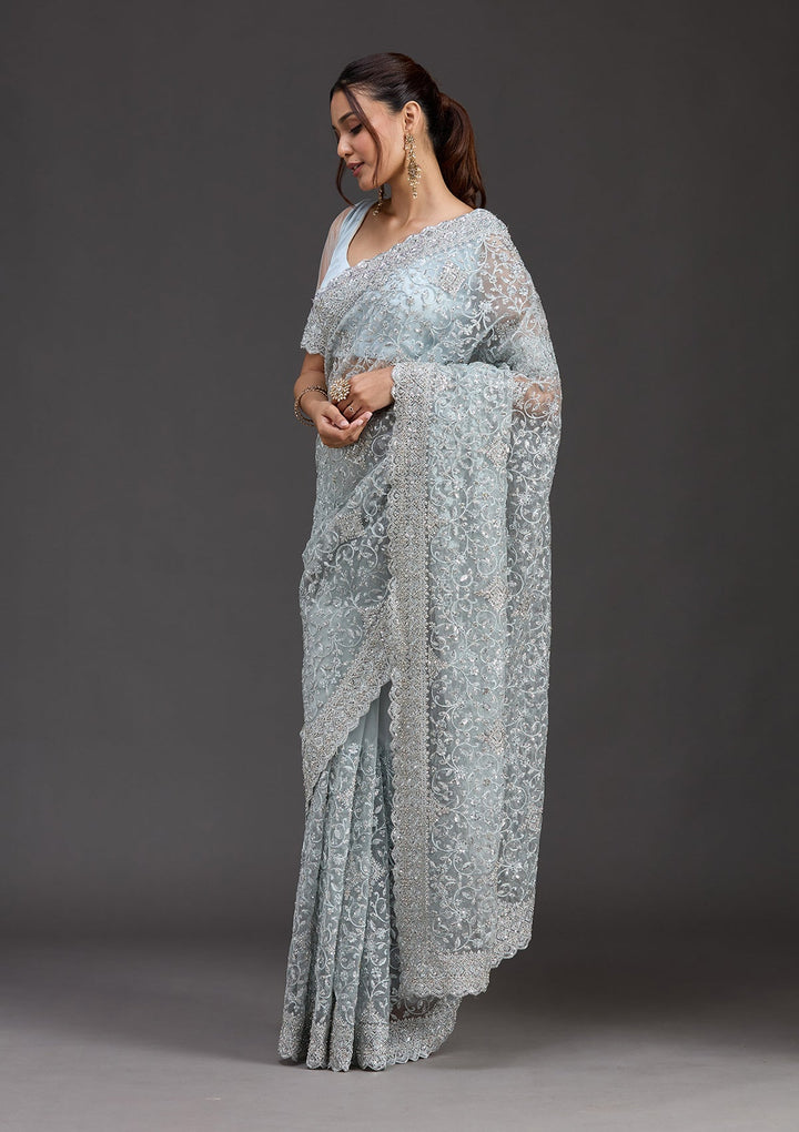 Sky Blue Stonework Chiffon Saree_koskii
