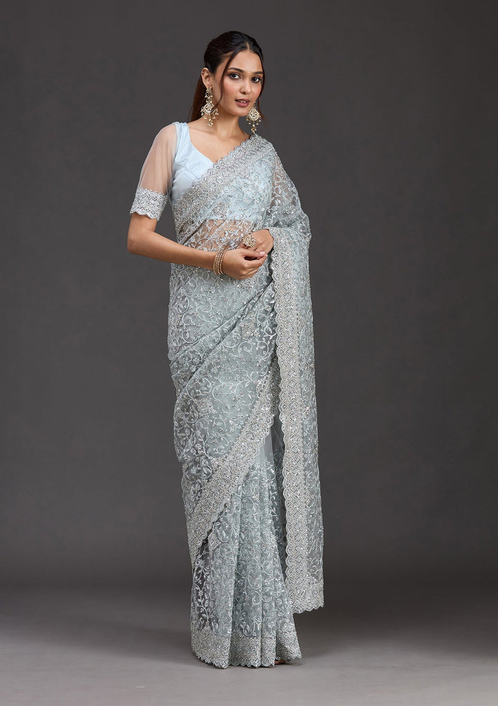 Sky Blue Stonework Chiffon Saree_koskii