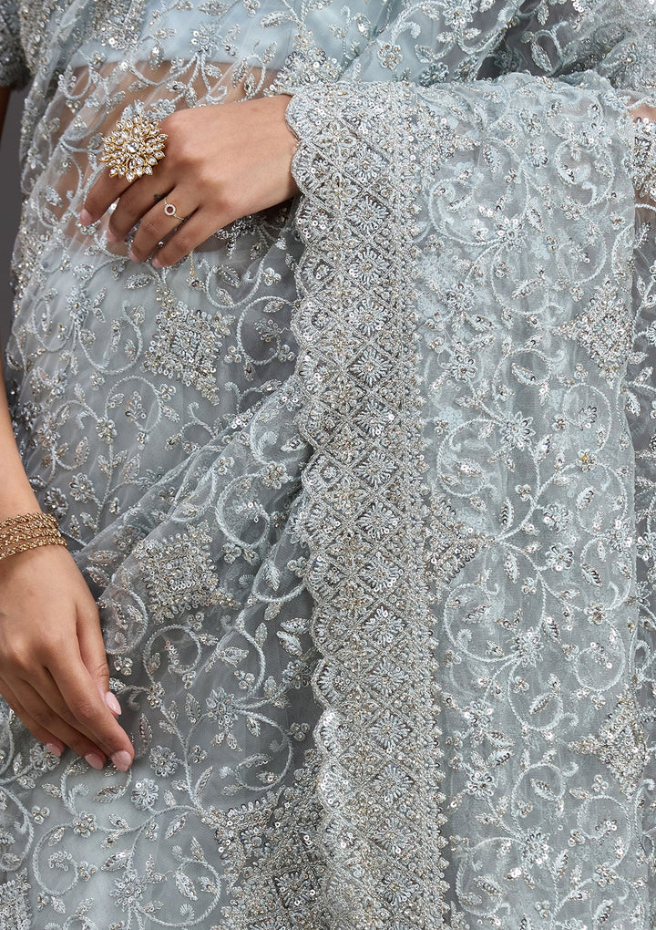 Sky Blue Stonework Chiffon Saree_koskii