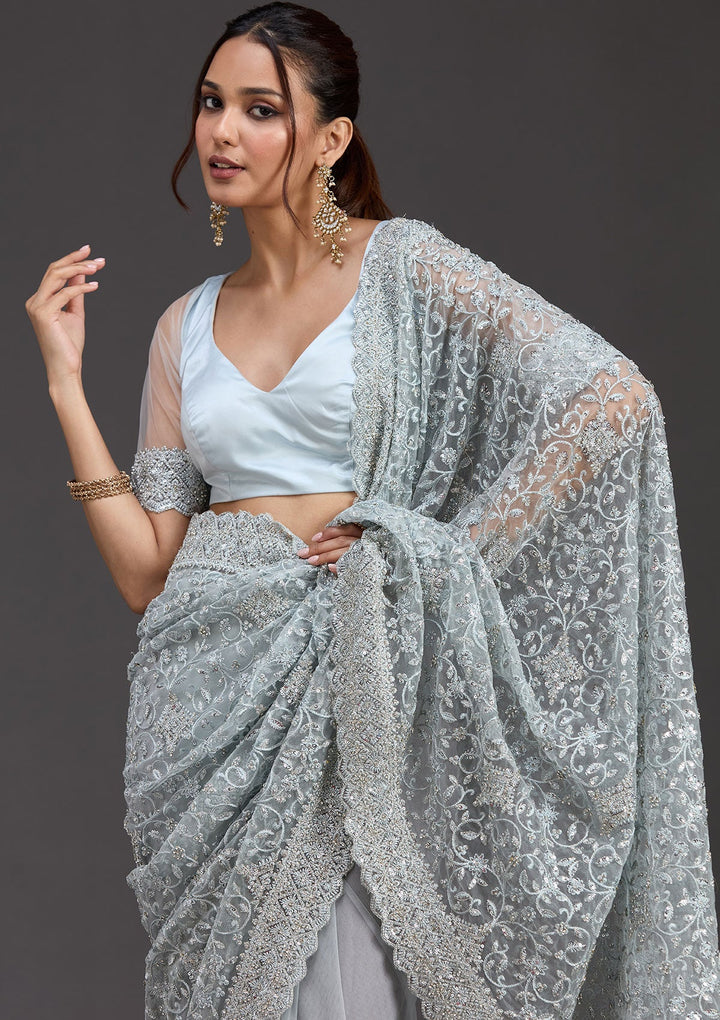 Sky Blue Stonework Chiffon Saree_koskii