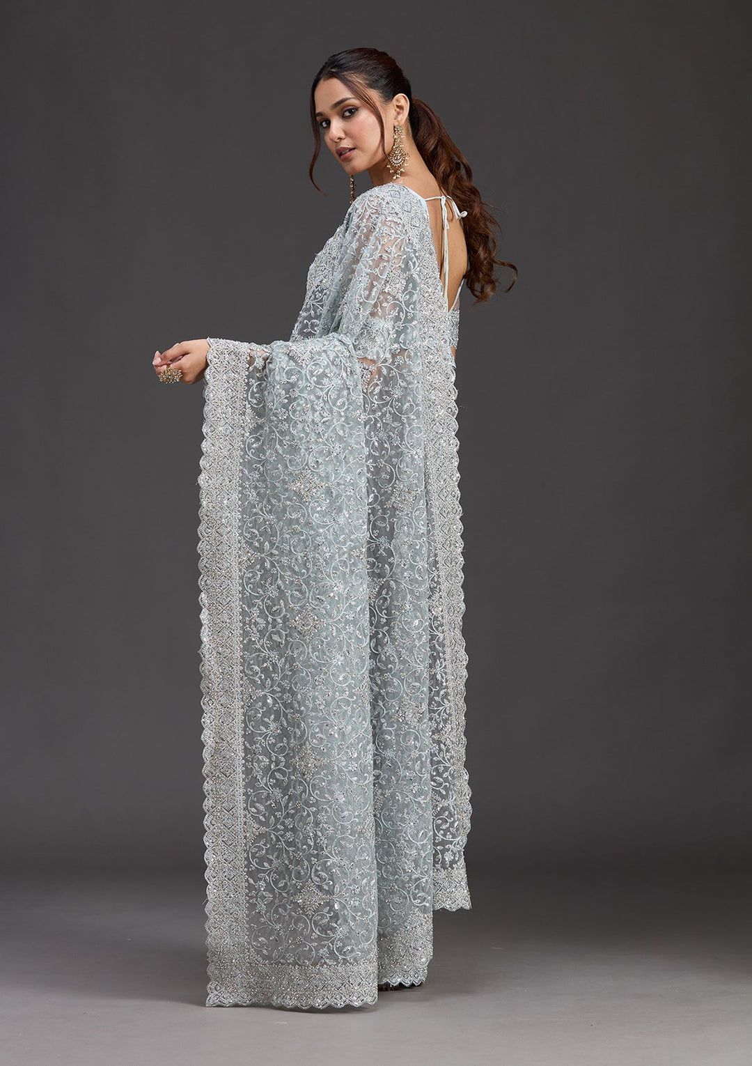 Sky Blue Stonework Chiffon Saree_koskii