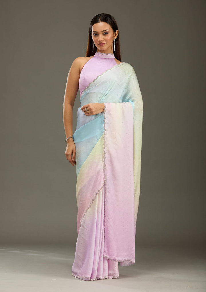 Lavender Stonework (Silver) Satin Saree-Koskii