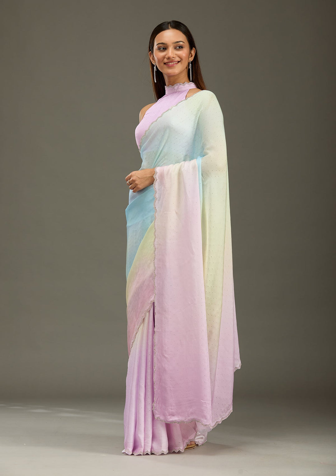 Lavender Stonework (Silver) Satin Saree-Koskii