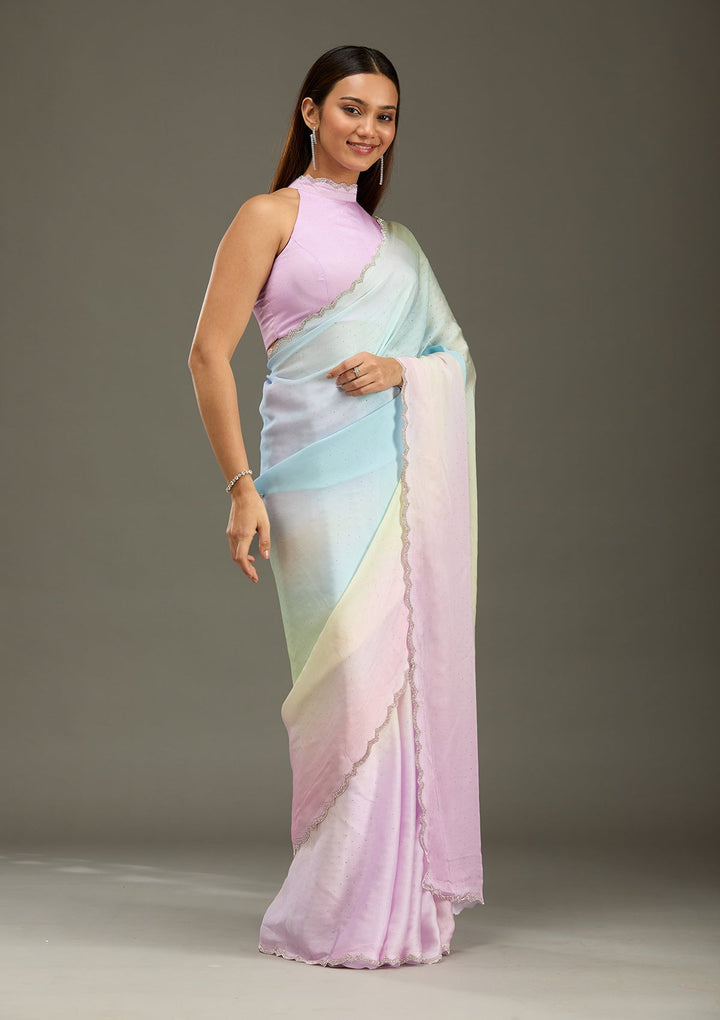 Lavender Stonework (Silver) Satin Saree-Koskii