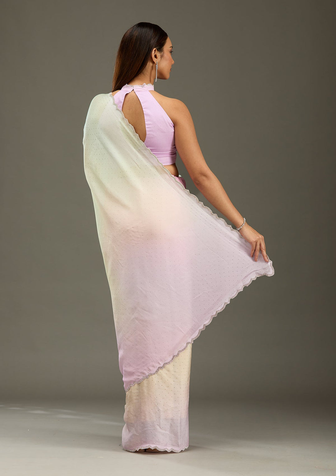 Lavender Stonework (Silver) Satin Saree-Koskii