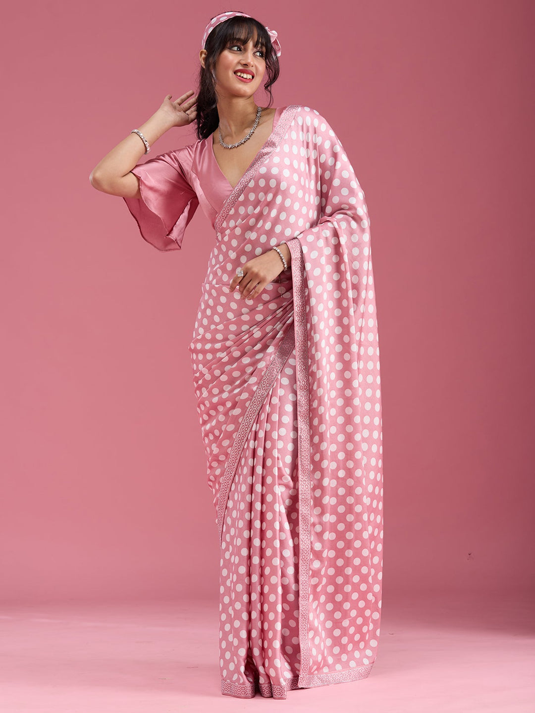 Onion Pink Stonework (Silver) Satin Saree-Koskii