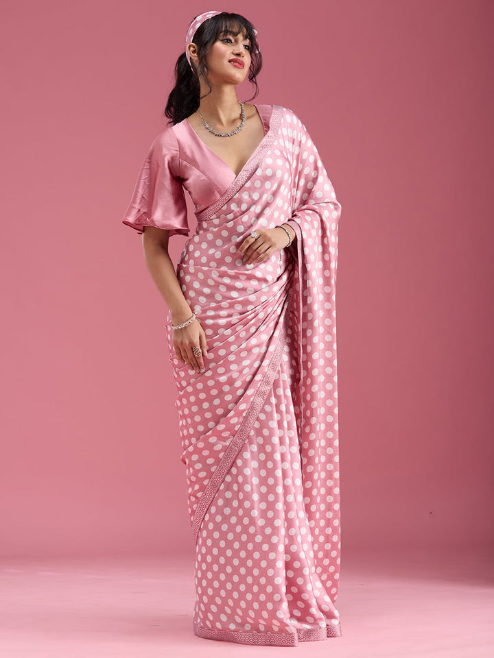 Onion Pink Stonework (Silver) Satin Saree-Koskii
