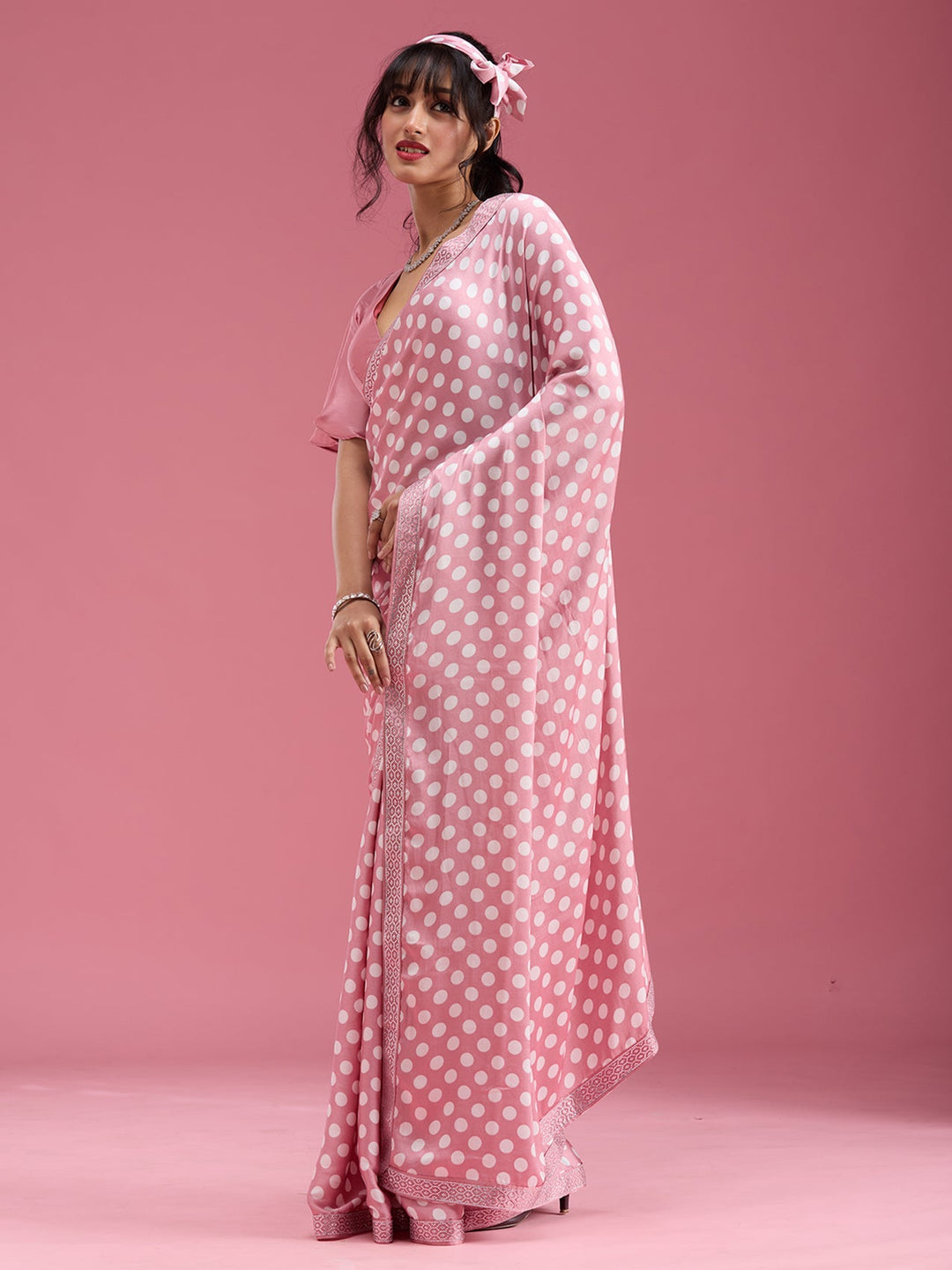 Onion Pink Stonework (Silver) Satin Saree-Koskii