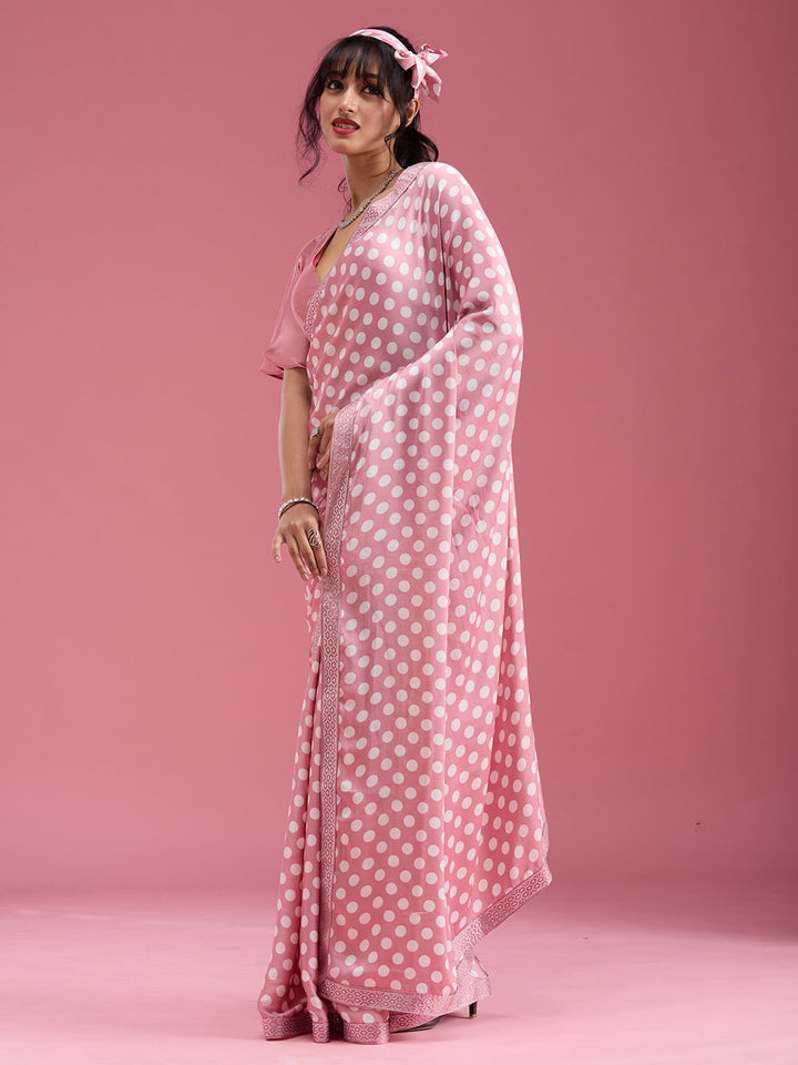 Onion Pink Stonework (Silver) Satin Saree-Koskii