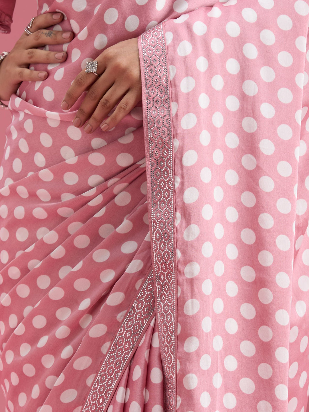 Onion Pink Stonework (Silver) Satin Saree-Koskii