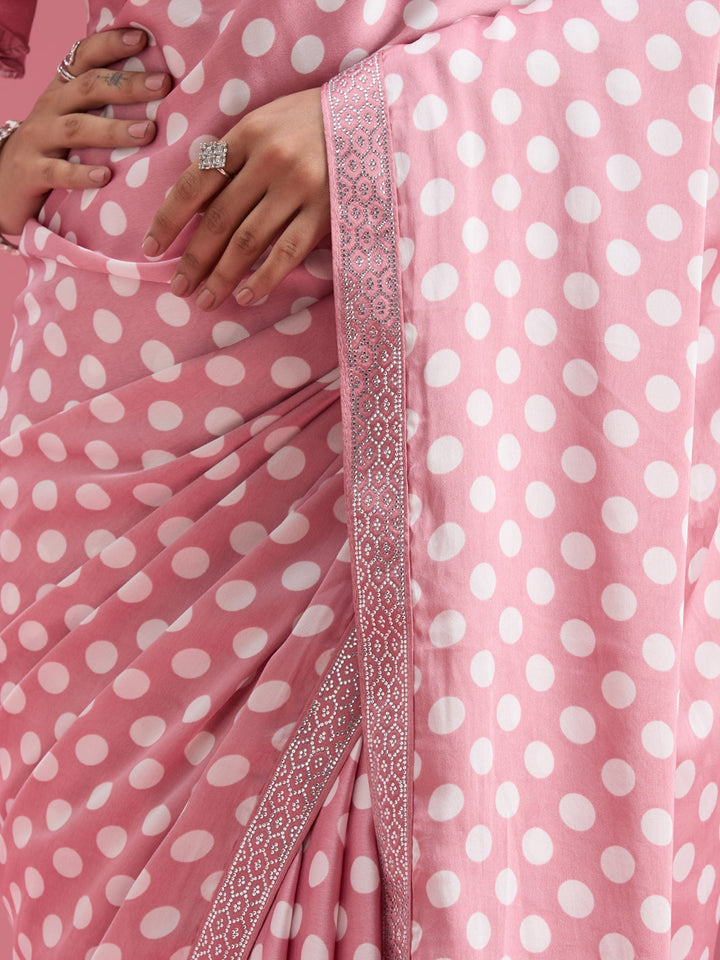 Onion Pink Stonework (Silver) Satin Saree-Koskii