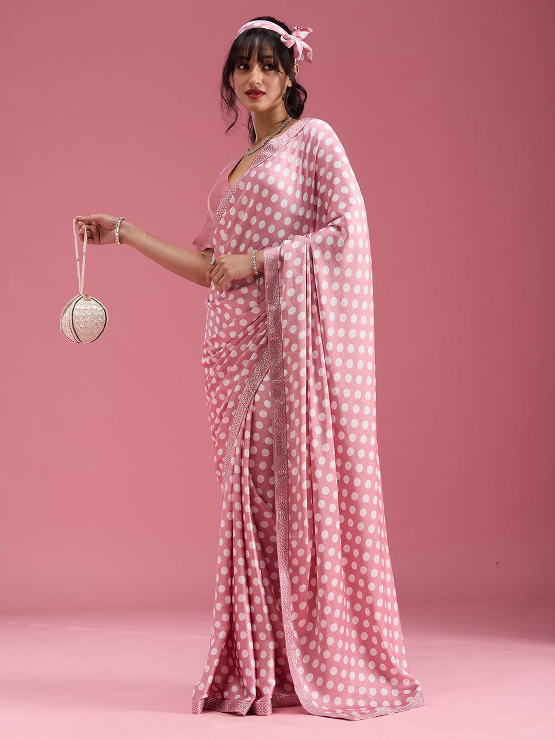 Onion Pink Stonework (Silver) Satin Saree-Koskii