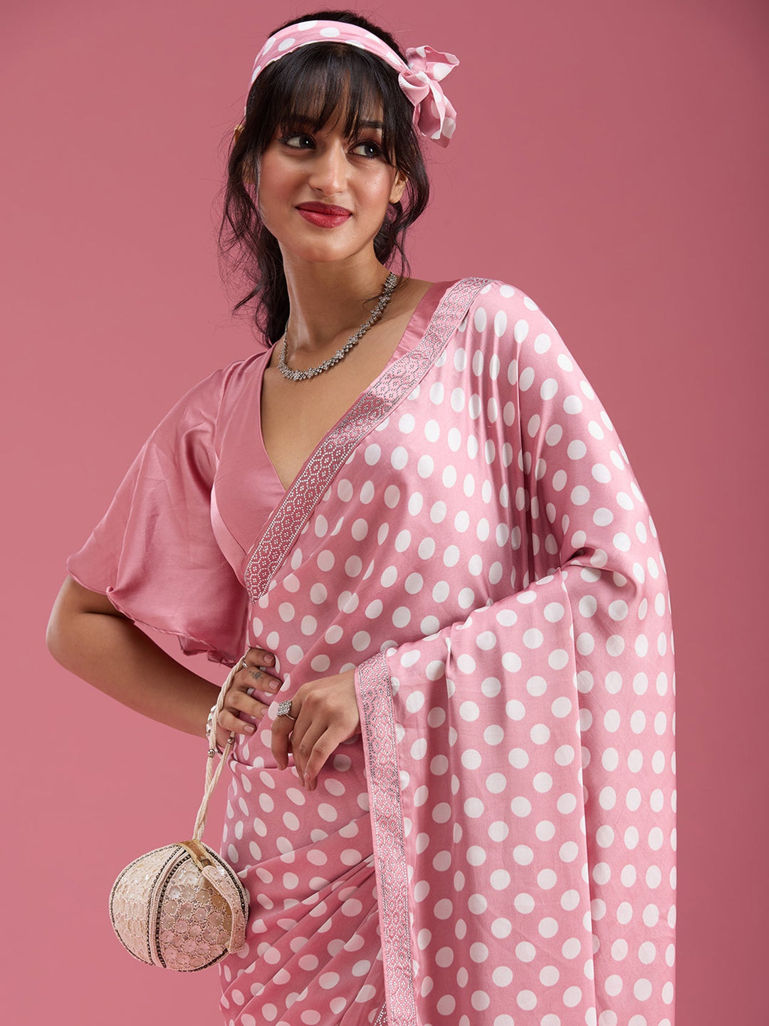 Onion Pink Stonework (Silver) Satin Saree-Koskii