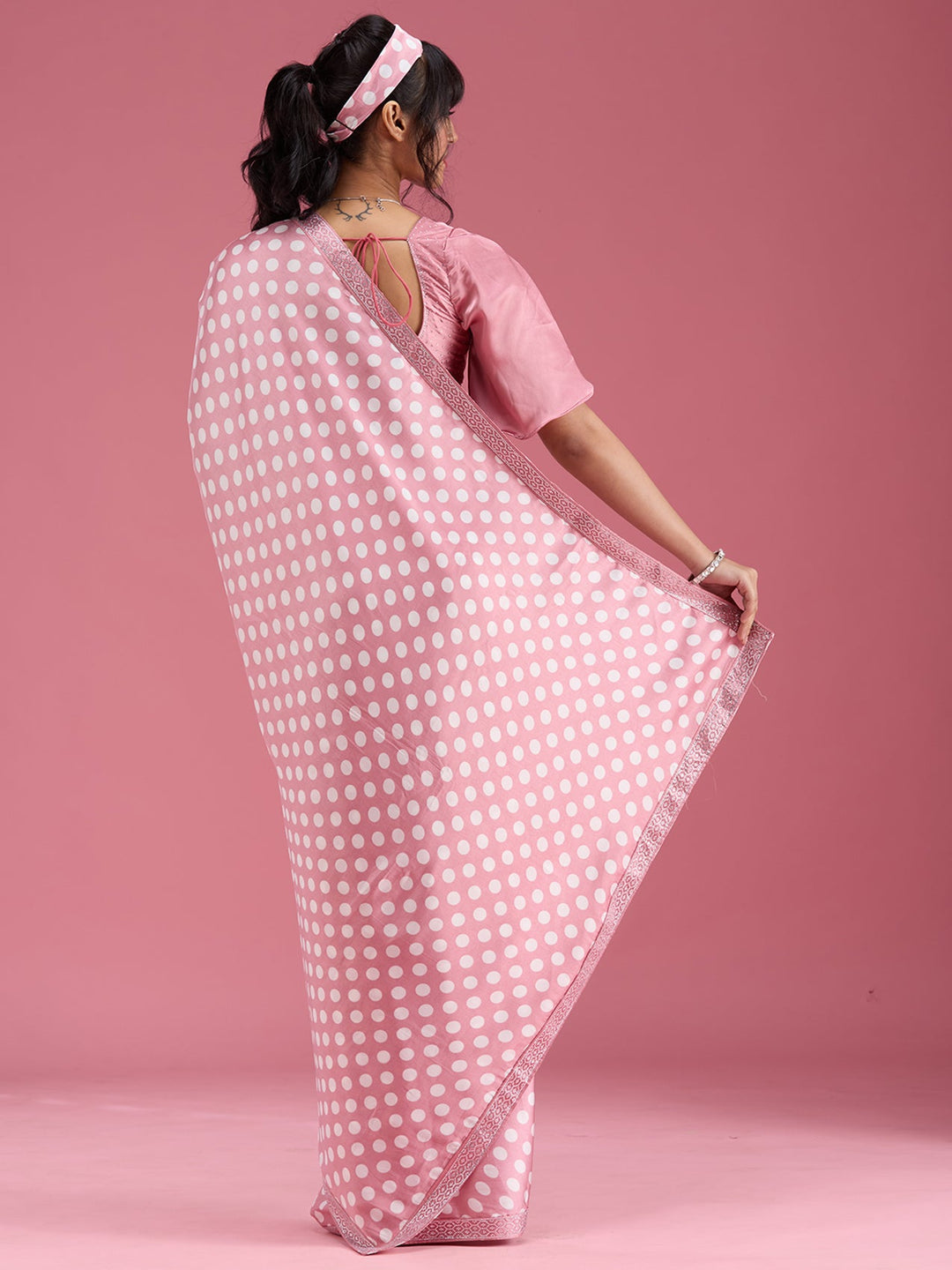 Onion Pink Stonework (Silver) Satin Saree-Koskii