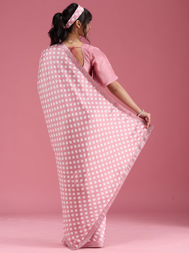 Onion Pink Stonework (Silver) Satin Saree-Koskii