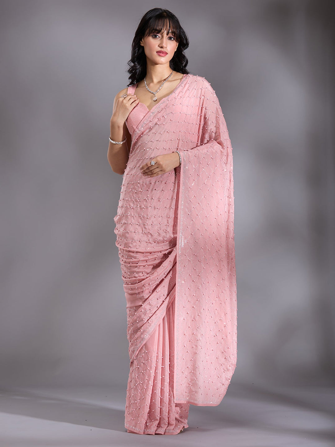 Peach Pearlwork Chiffon Saree-Koskii