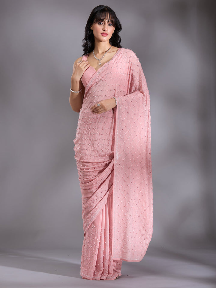 Peach Pearlwork Chiffon Saree-Koskii