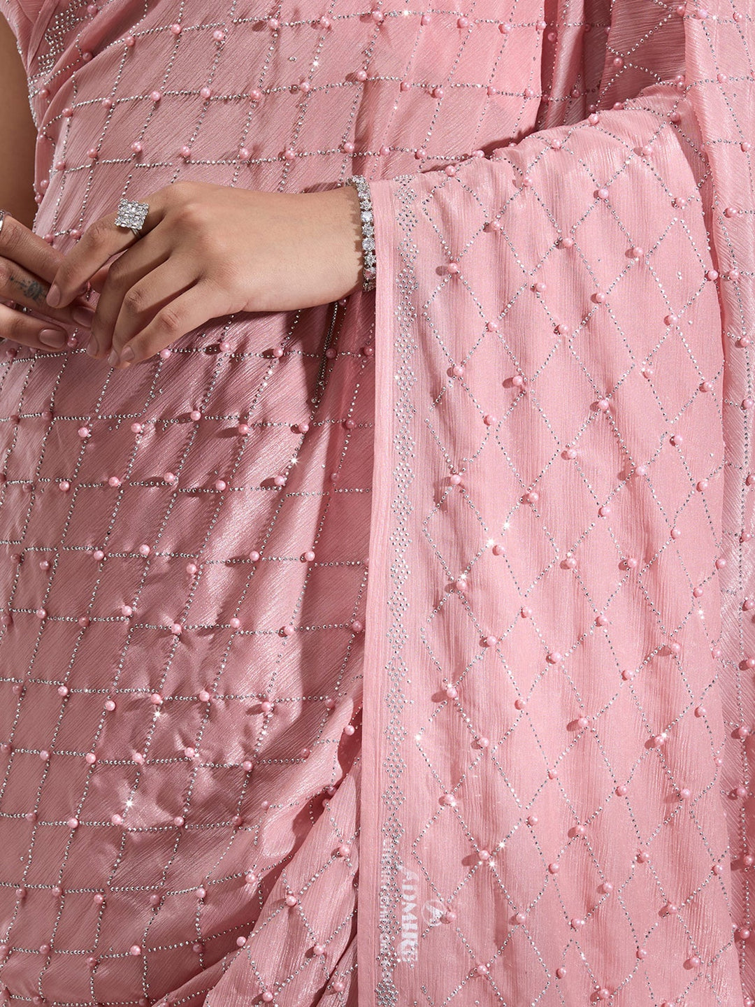 Peach Pearlwork Chiffon Saree-Koskii