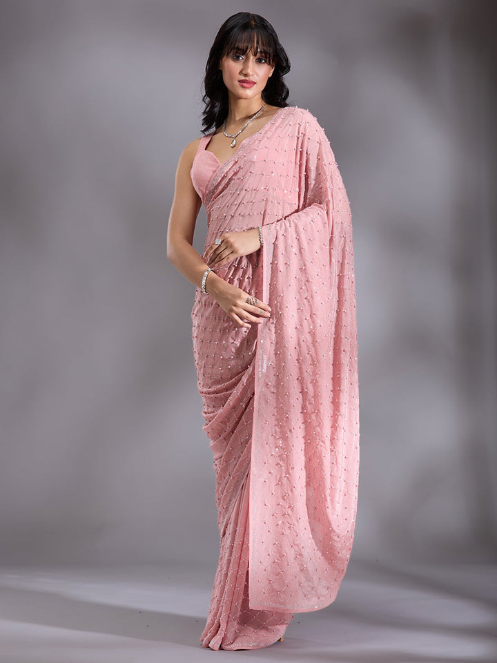 Peach Pearlwork Chiffon Saree-Koskii