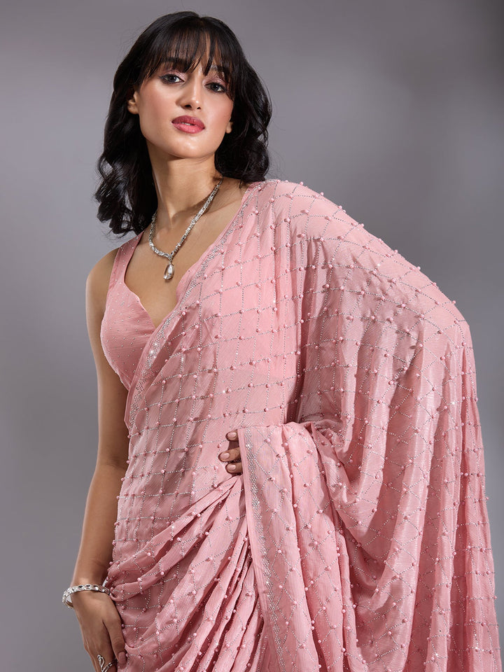 Peach Pearlwork Chiffon Saree-Koskii