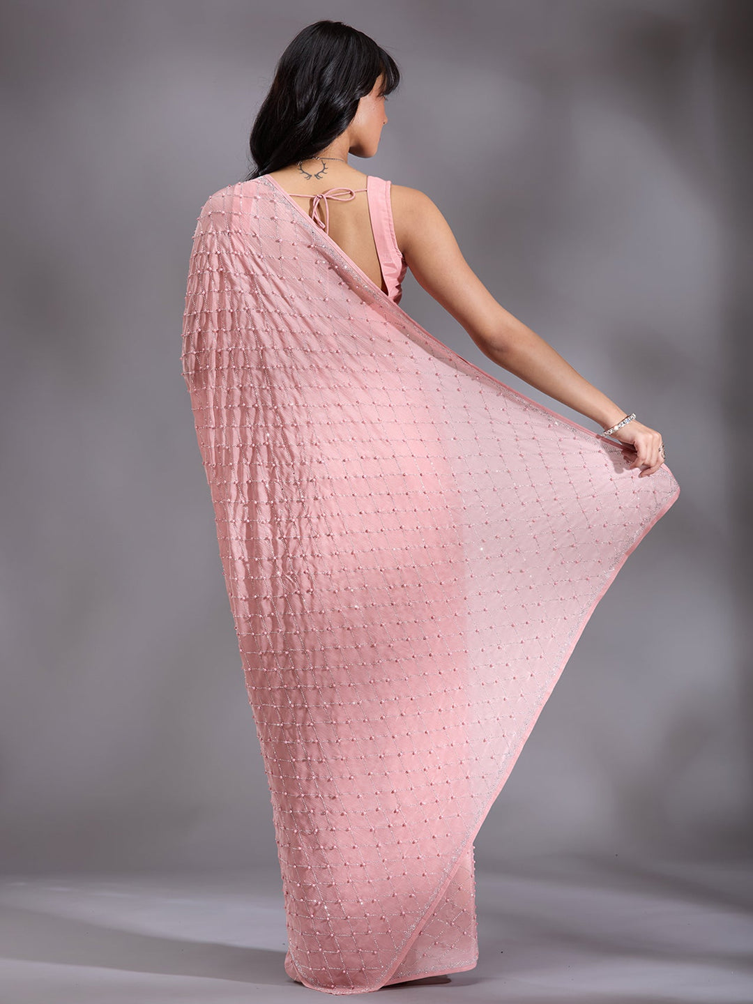 Peach Pearlwork Chiffon Saree-Koskii