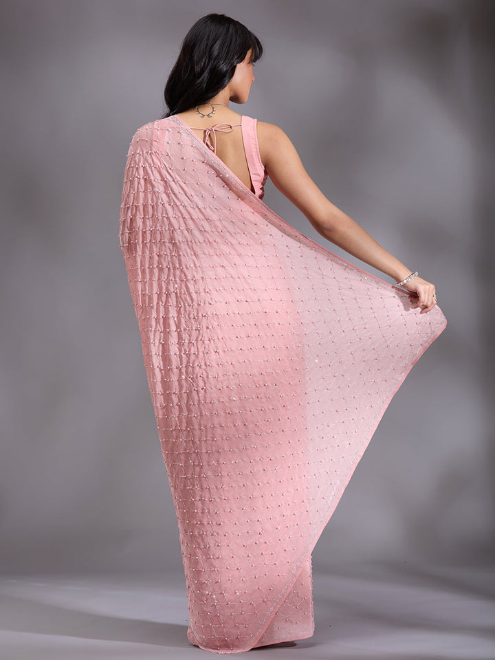 Peach Pearlwork Chiffon Saree-Koskii