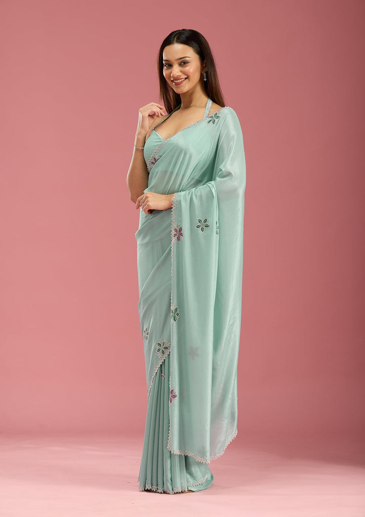 Sea Green Stonework (Silver) Satin Saree-Koskii