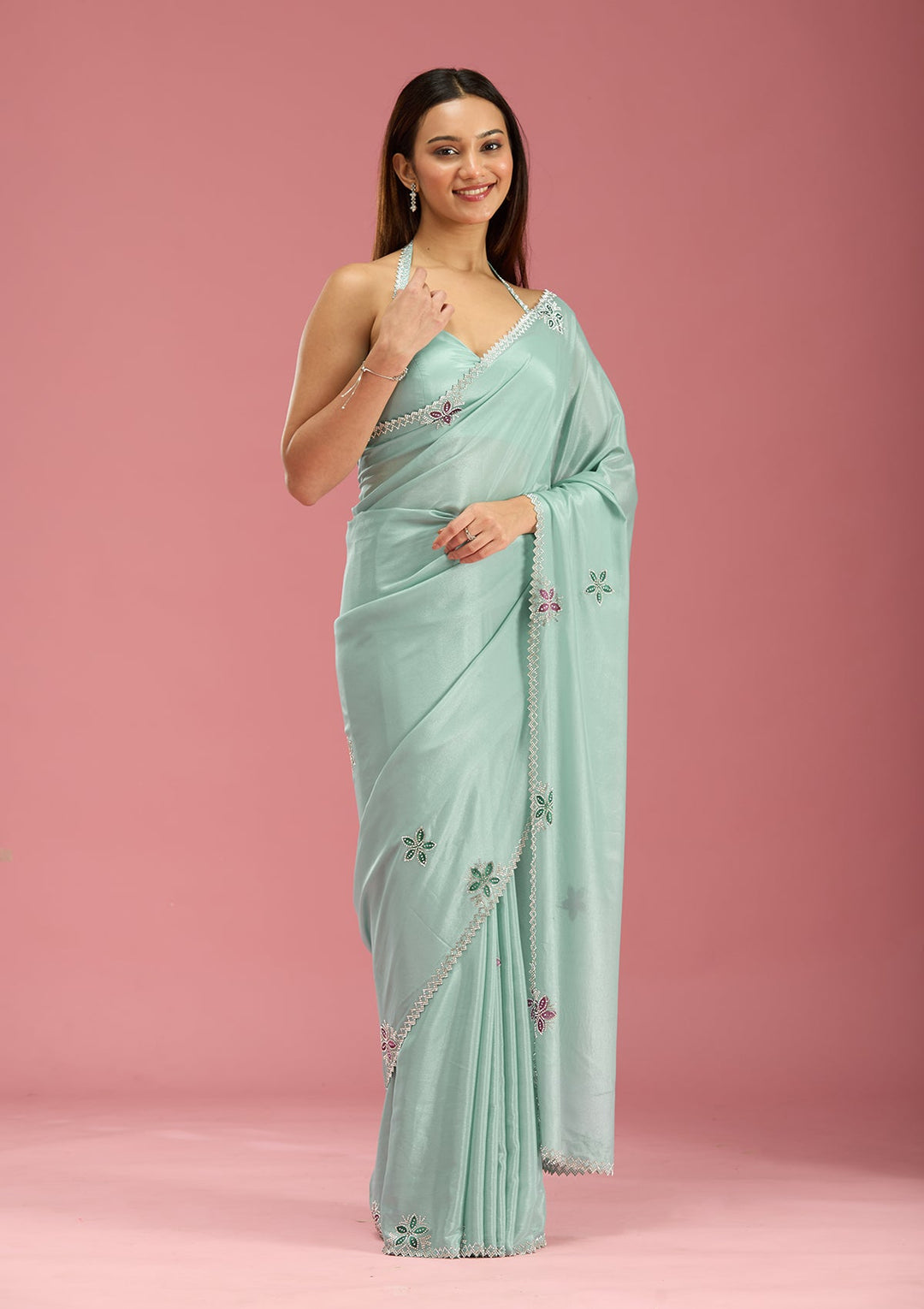 Sea Green Stonework (Silver) Satin Saree-Koskii