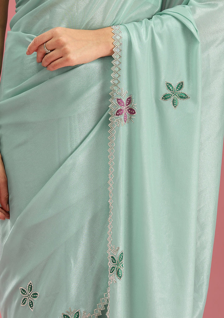 Sea Green Stonework (Silver) Satin Saree-Koskii