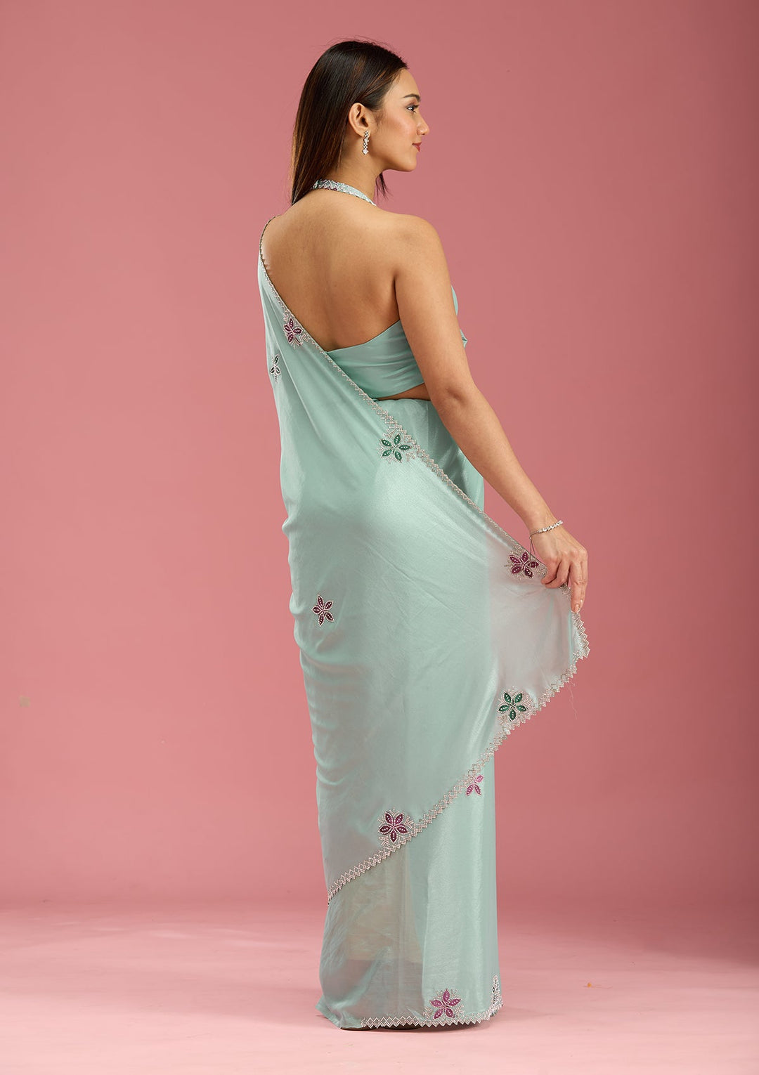 Sea Green Stonework (Silver) Satin Saree-Koskii