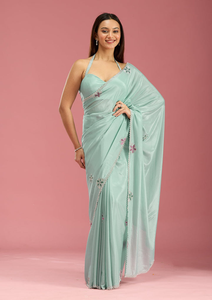 Sea Green Stonework (Silver) Satin Saree-Koskii